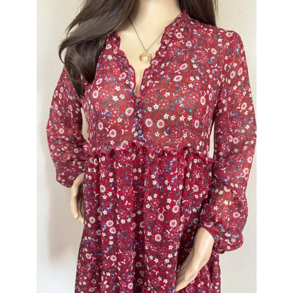 Zara Red Floral V-Neck Long Sleeve Semi Sheer Tiered Mini Babydoll Dress XL - Picture 2 of 16